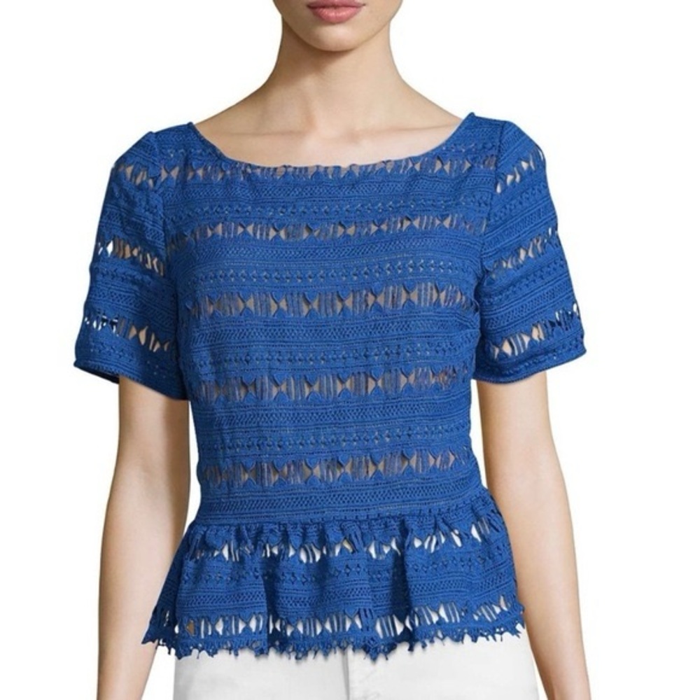 Tracy Reese Battenberg Lace Peplum Top L Royal Blue S/S NWT NEW Scoop Back